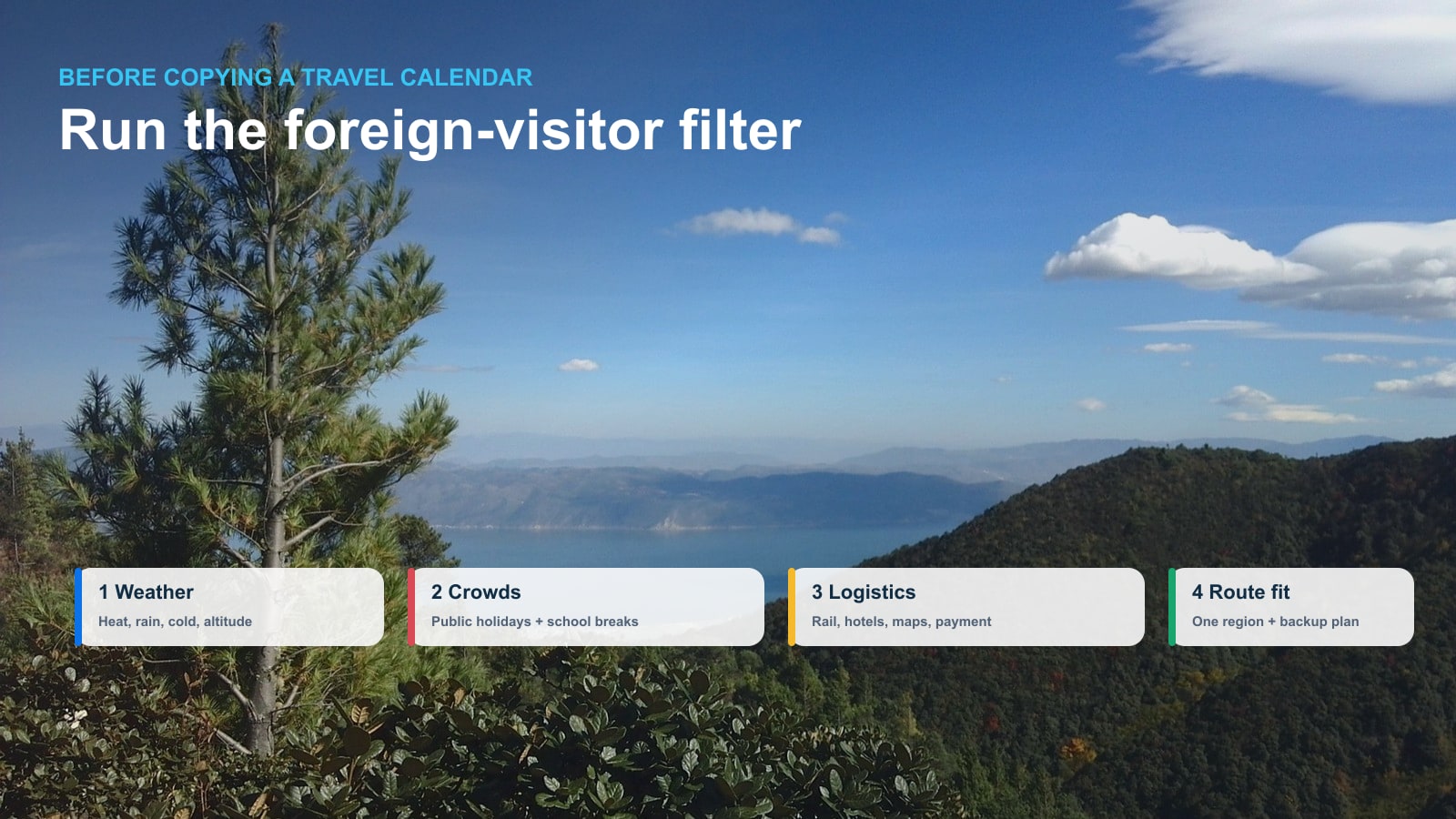 China travel planning filter graphic showing weather, crowds, logistics, and route focus.