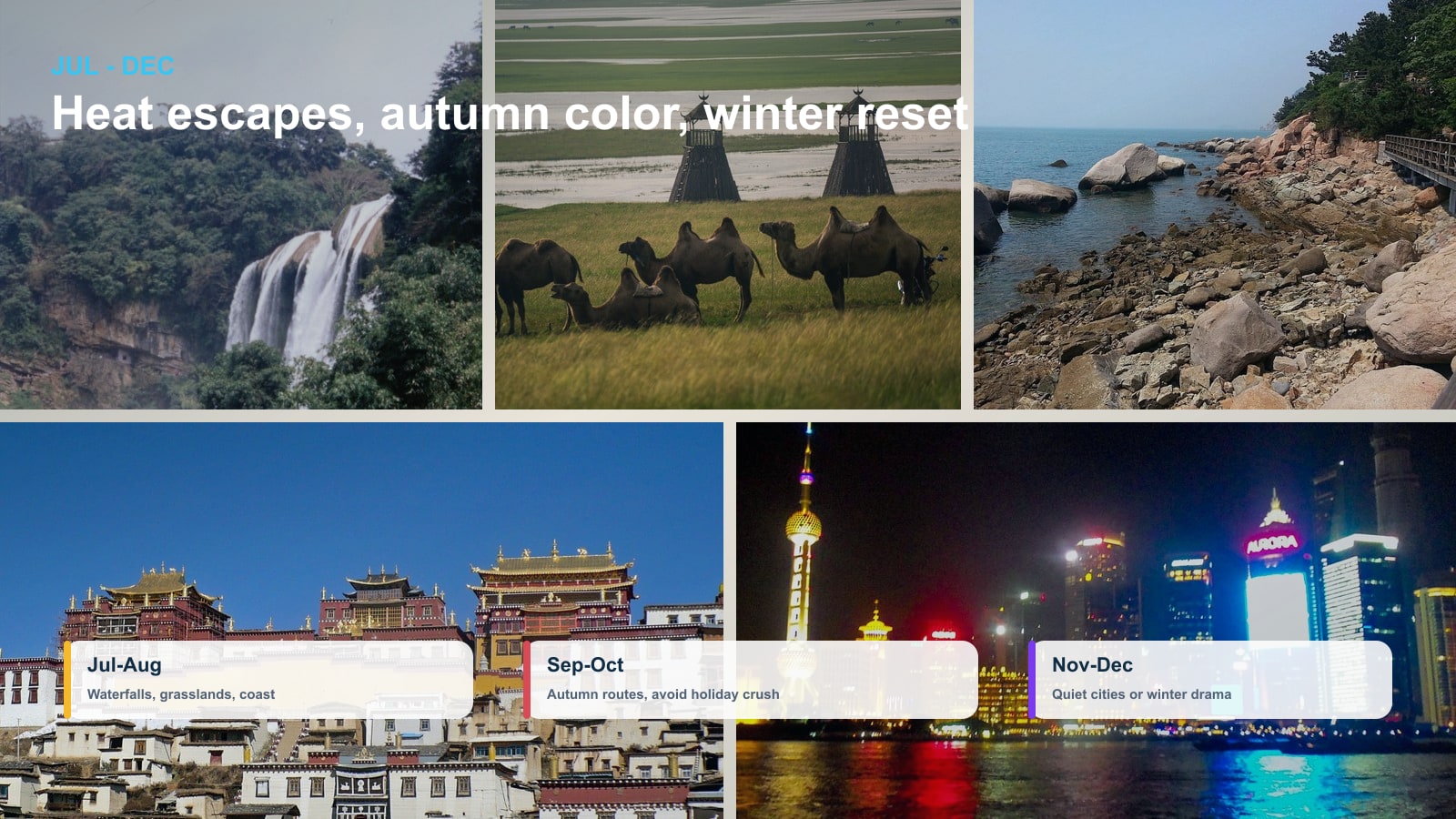 Summer and autumn China travel calendar covering July through December.