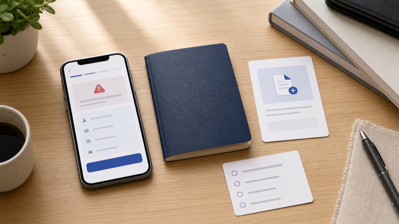 A no-text passport verification troubleshooting scene with a phone form, closed passport, document card, and checklist
