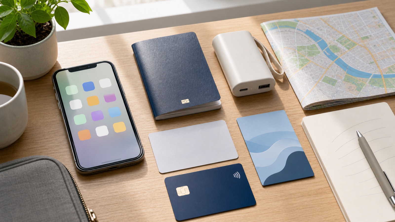 A no-text travel preparation desk with a phone, passport, map, payment card, eSIM card, and power bank
