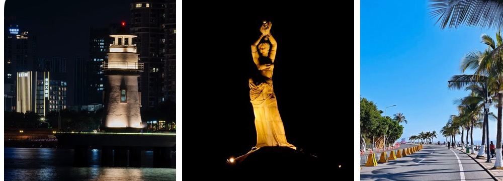Three Zhuhai photos showing a lit waterfront tower, the Zhuhai Fisher Girl statue at night, and a palm-lined road by the sea.