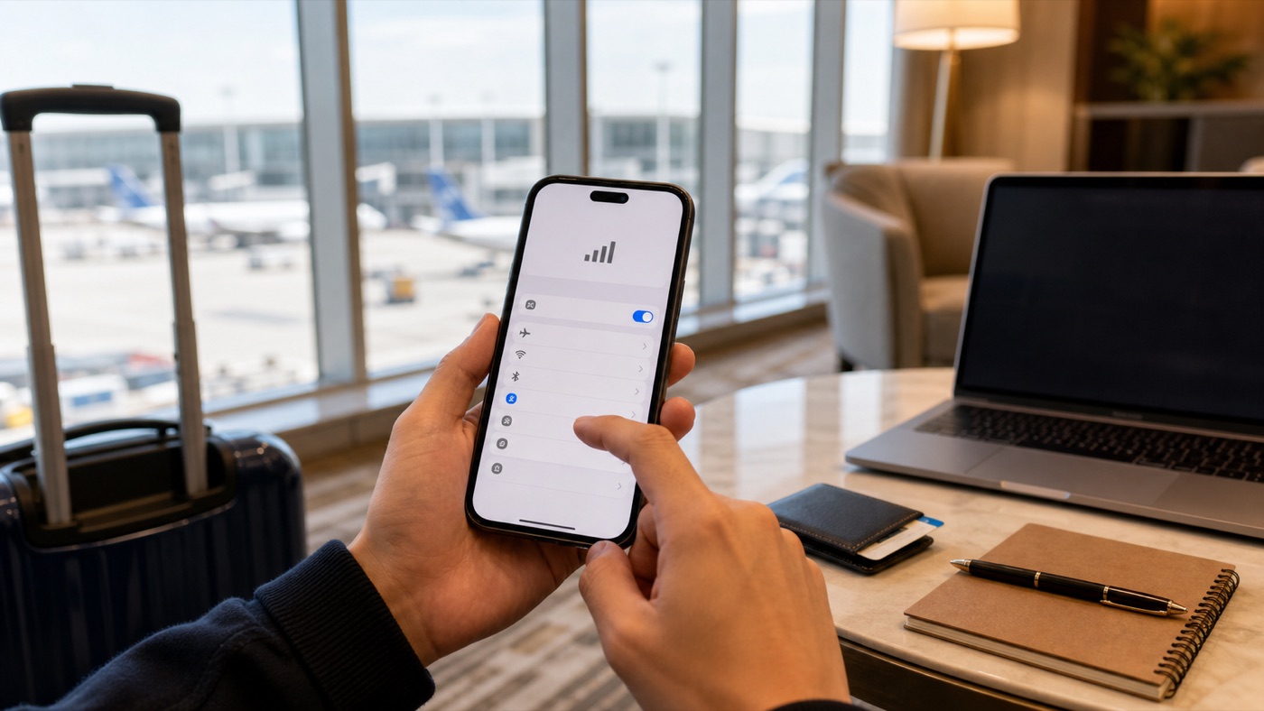 중국 eSIM, Wi-Fi, VPN 준비를 위해 노트북과 짐 옆에 연결 설정 화면의 휴대폰을 둔 장면