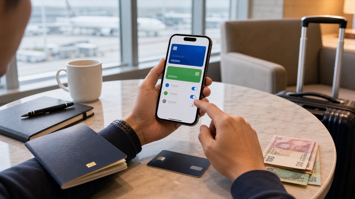 空港ラウンジでスマホの汎用ウォレット設定を確認し、パスポート、カード、人民元現金を近くに置いた場面