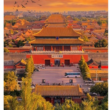 Forbidden City central axis and golden palace roofs seen from above.