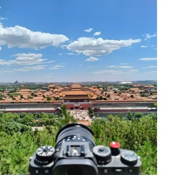 Wide blue-sky view across the Forbidden City from Jingshan.