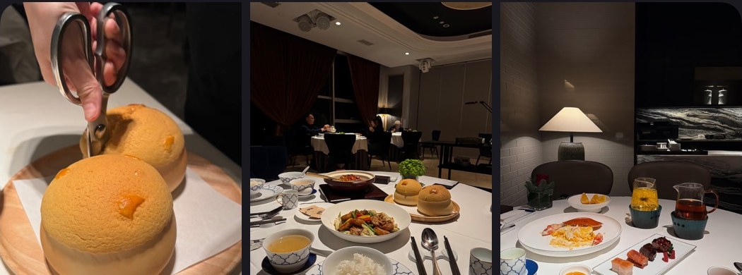 Three polished Cantonese restaurant photos showing pineapple buns, plated dishes, tea, and desserts.