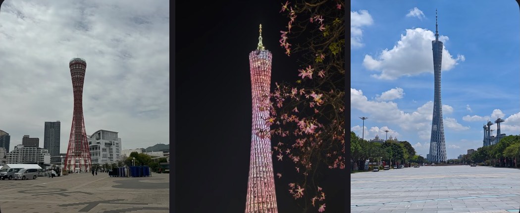 Three Canton Tower photos showing the tower by day, lit at night, and from an open plaza.