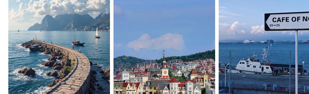 Three Ronggui Fisherman's Wharf photos showing waterfront roads, colorful buildings, and a cafe sign.