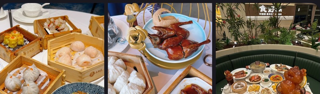 Three Guangzhou Restaurant food photos showing bamboo steamers, roast pigeon, and a full Cantonese table.