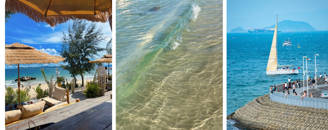 Three Judiaosha beach photos showing white sand, clear water, and a sailboat near the Shenzhen coast.