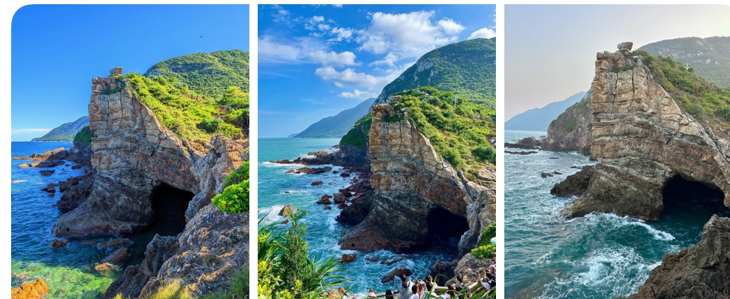 Three Luzui coast photos showing rocky cliffs, blue water, and waves below green mountains in Dapeng.