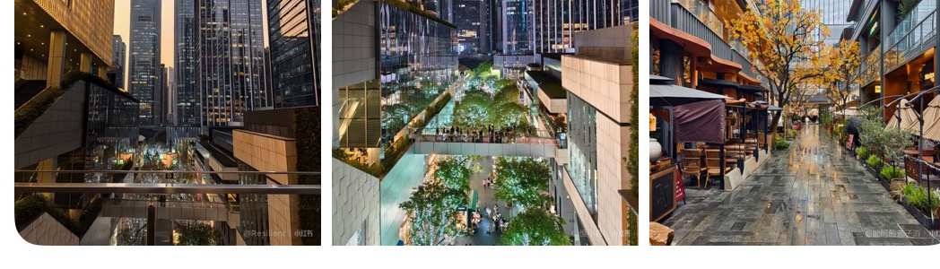 Three MixC World photos showing high-rise shopping streets, lit walkways, and outdoor restaurants in Shenzhen.