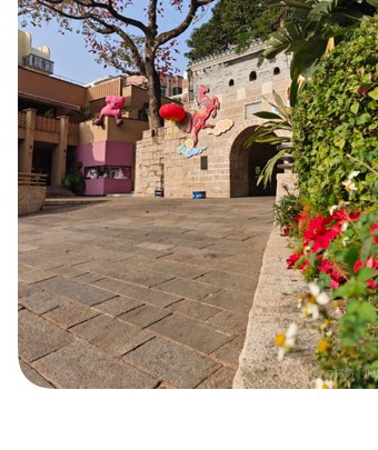 Two Nantou Ancient Town photos showing a stone entrance lane and a tiled wall with Chinese characters.