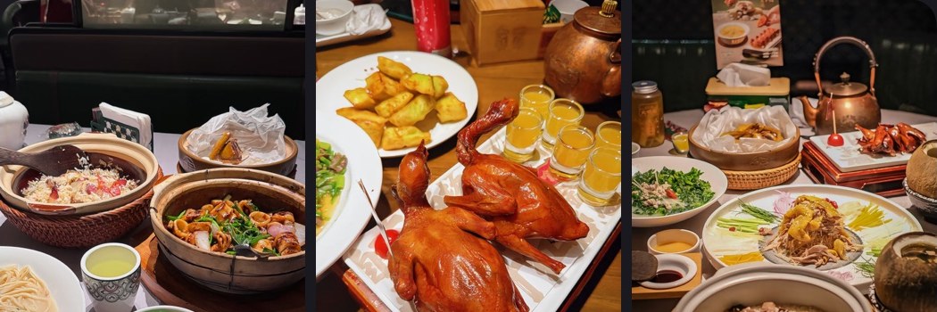 Three Cantonese pigeon meal photos showing claypot rice, roast pigeon, and a shared dinner table.