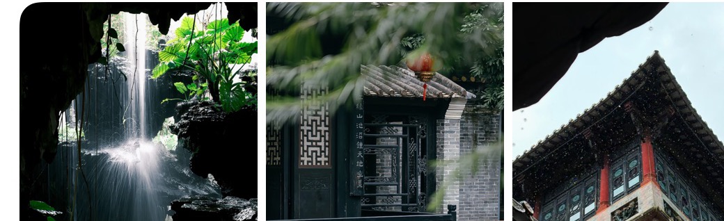Three Qinghui Garden photos showing water, Lingnan architecture, and carved garden details.