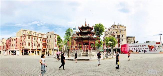 Small Park historical block in Shantou with a pavilion and old commercial buildings.