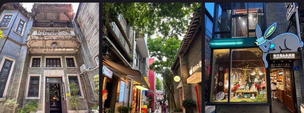 Three Yongqing Fang photos showing Xiguan architecture, a narrow shopping lane, and an evening storefront.