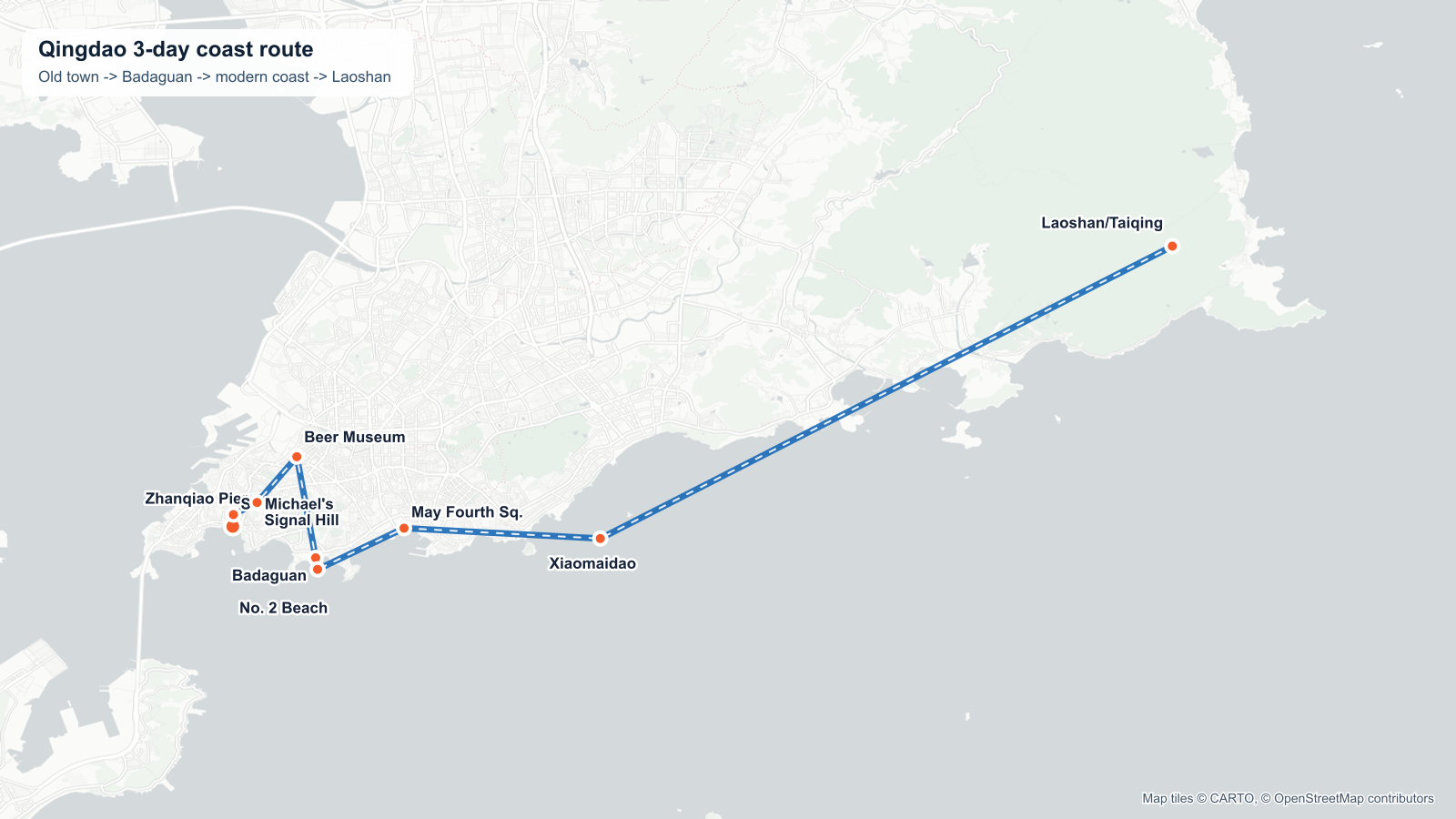 Bản đồ tuyến 3 ngày ở Thanh Đảo với Zhanqiao Pier, St. Michael's Cathedral, Signal Hill, Tsingtao Beer Museum, Badaguan, No. 2 Beach, May Fourth Square, Xiaomaidao và Laoshan Taiqing.