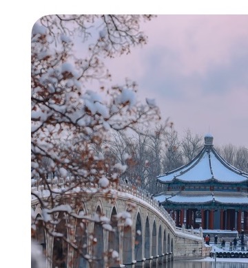 Winter bridge and pavilion scenery at Beijing Summer Palace.