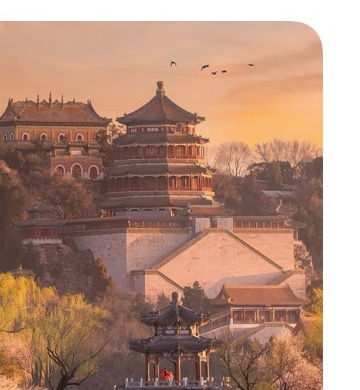 Warm evening view of Summer Palace pavilions and water.