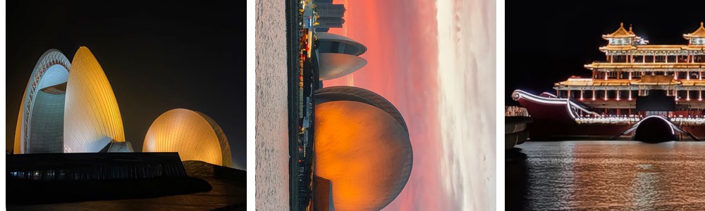 Three night photos around Zhuhai's Sun Moon Shell and nearby waterfront lights.