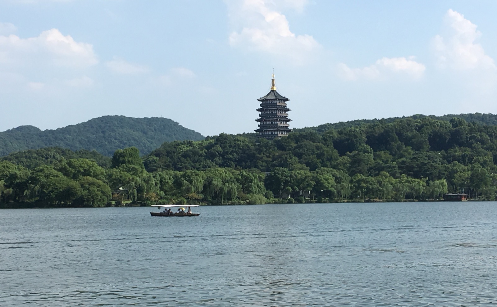 Leifeng Pagoda viewed across West Lake in Hangzhou.
