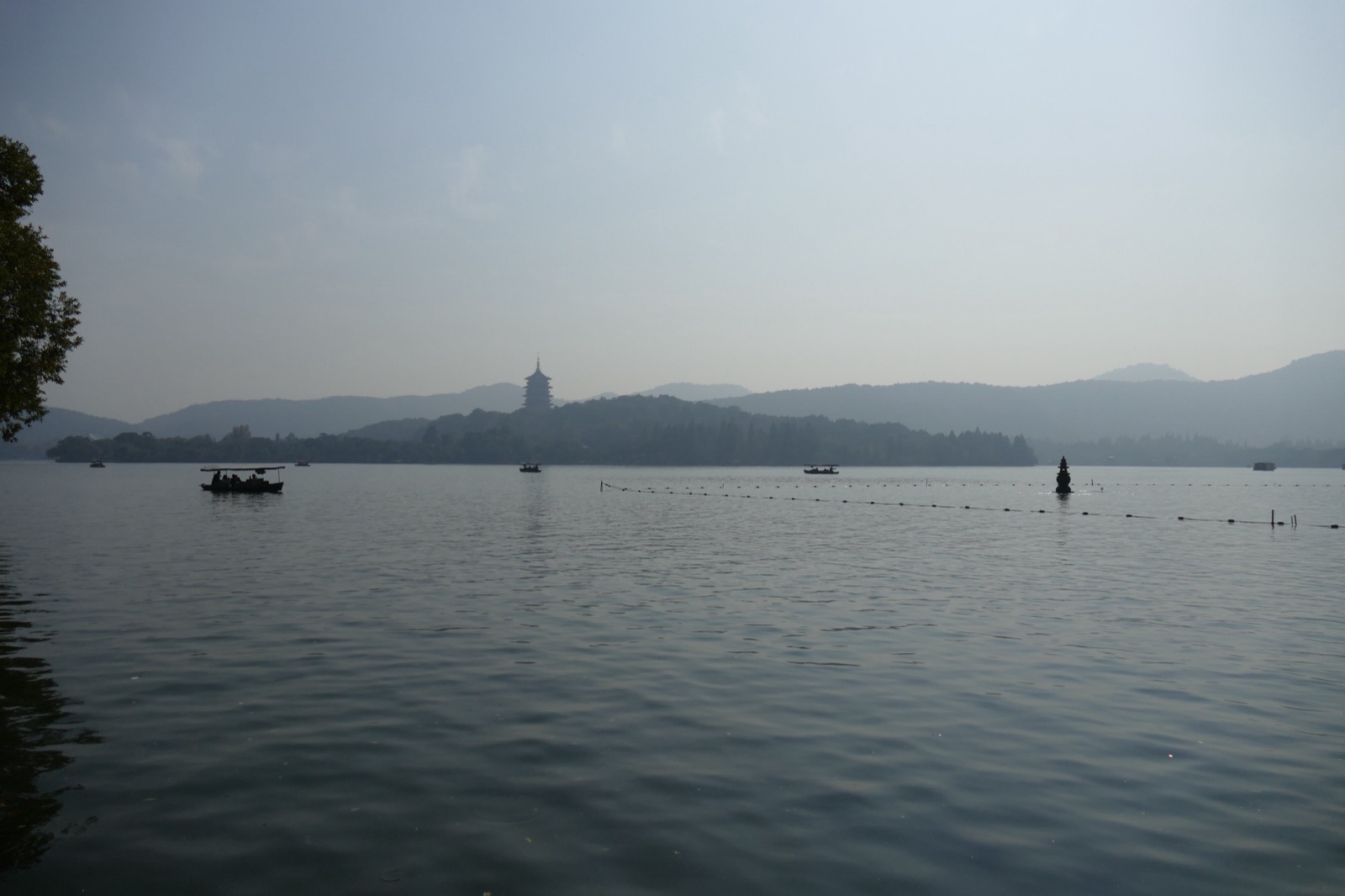 Leifeng Pagoda seen from Three Pools Mirroring the Moon on West Lake.