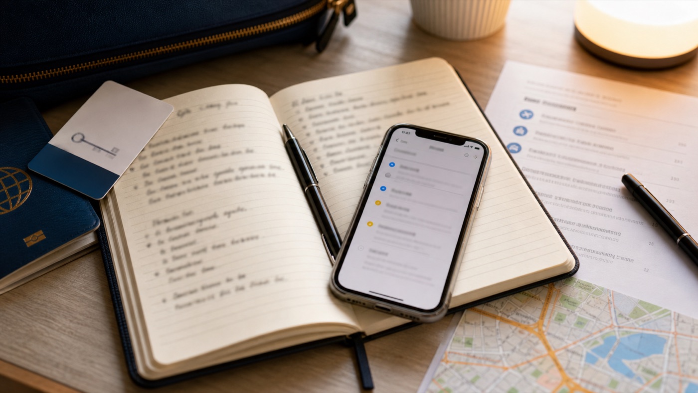 Notebook, phone, passport, map, and printed itinerary prepared as offline China travel details