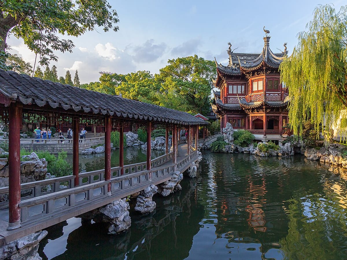 Shanghai Yu Garden rockery, pond, and traditional architecture.