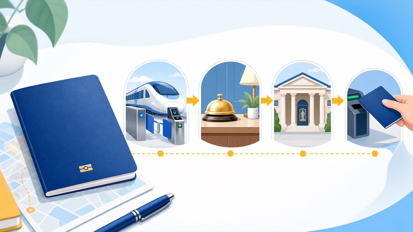 Illustration of a passport linked to China train gates, hotel check-in, attraction entry, and ID checks