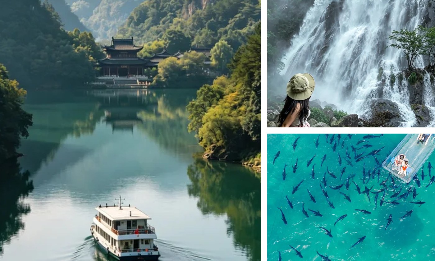 中国の夏の山岳滝と緑の谷の風景