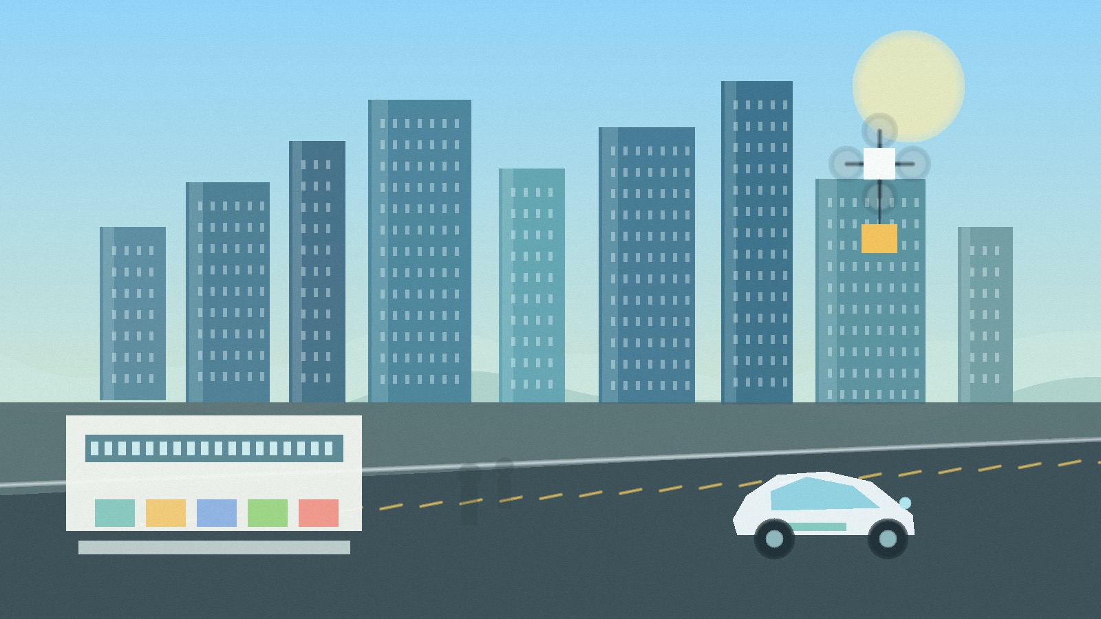 Shenzhen technology district with delivery drones, a robotaxi, and modern skyline elements