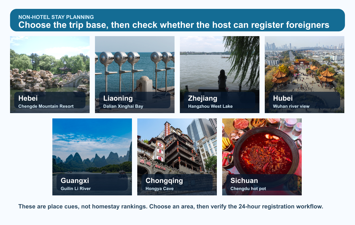 Photo strip showing Chengde Mountain Resort, Dalian Xinghai Bay, Hangzhou West Lake, Wuhan from Yellow Crane Tower, Guilin Li River, Chongqing Hongya Cave, and Chengdu hot pot as travel cues for the seven pilot regions.