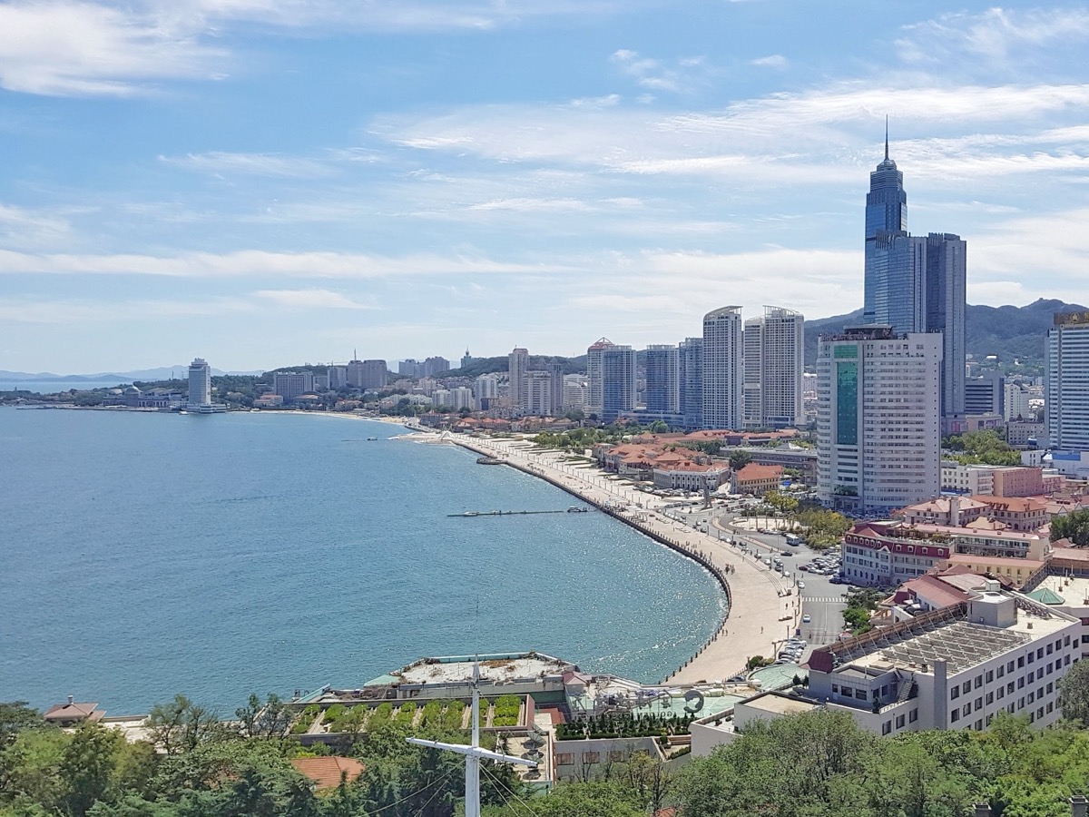 Yantai coastline and skyline seen from Yantai Hill in Shandong