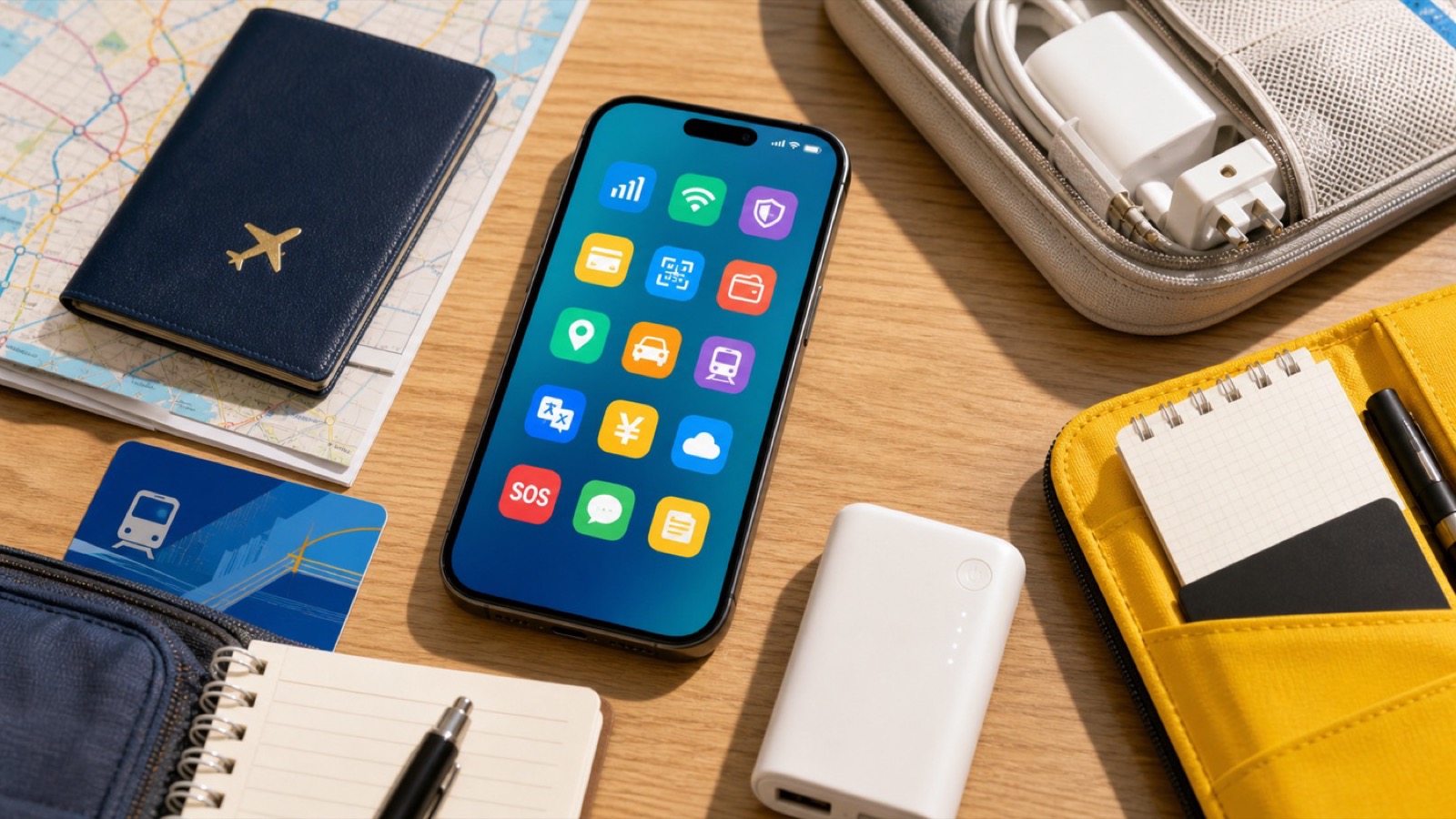 Traveler phone with China travel app icons, map, charger, passport, and transit card