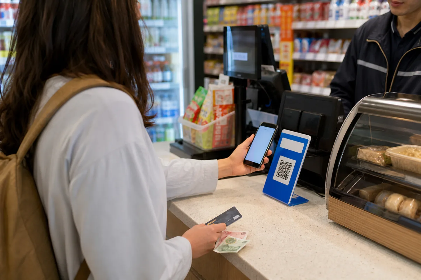 中国のコンビニでスマートフォン決済をし、カードと人民元も予備に持つ外国人旅行者。